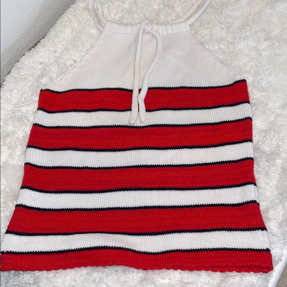 Red & White Striped Knit Halter Tank Top